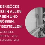 Text: Einen Suendenbock gibt es in allen Farben und Größen. Jetzt bestellen. Roter Hintergrund mit weißer Schrift. Ein s/w-Foto von Gabriele Feile