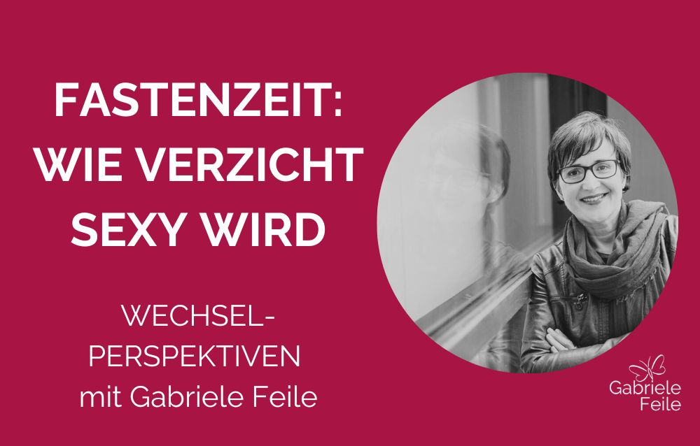 Roter Hintergrund. Rundes Foto von Gabriele F. Text: Fastenzeit: Wie Verzicht sexy wird.